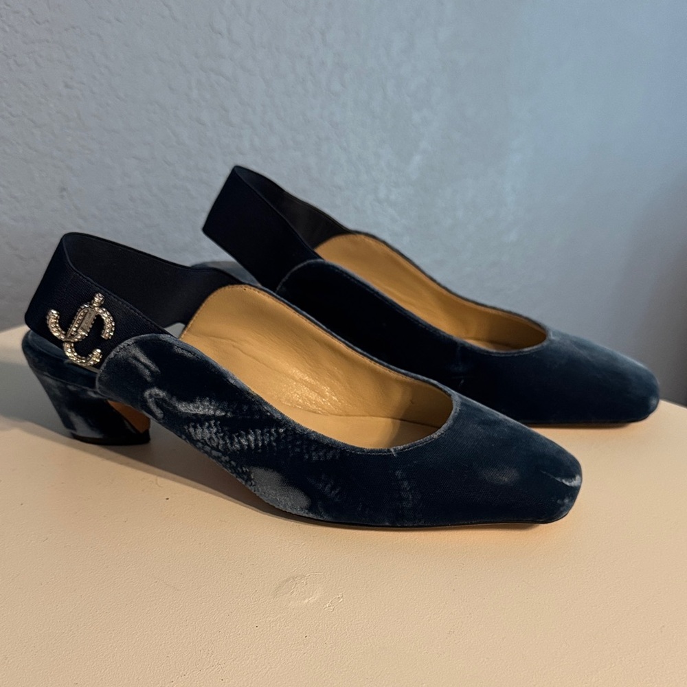 Jimmy Choo Navy Velvet Heels with Crystal Accent